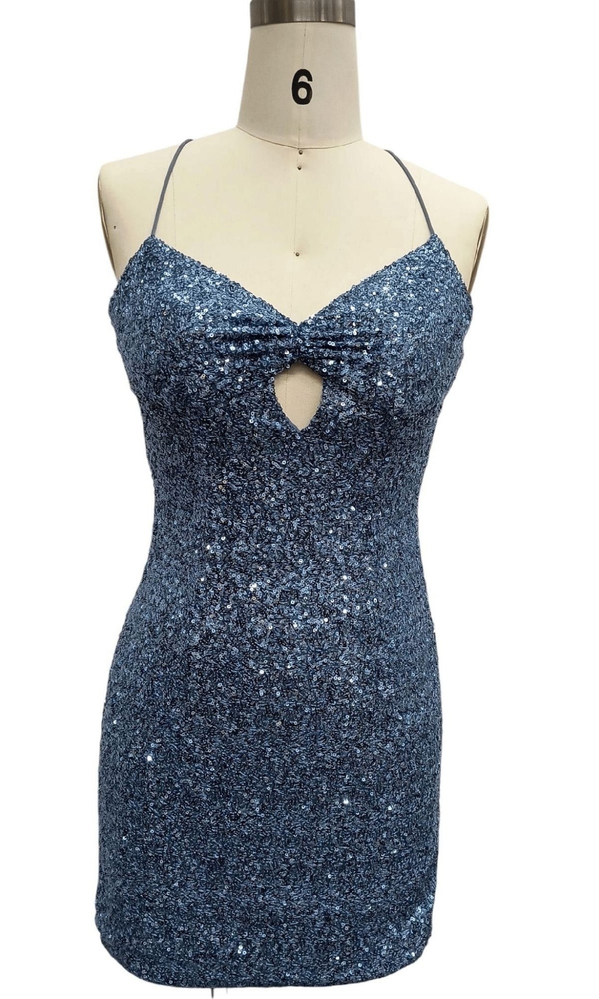 Short Blue Sequin Hoco Dress: 12661 features spaghetti straps, a front keyhole cutout, and allover blue sequins—ideal for homecoming or as a standout party mini dress.